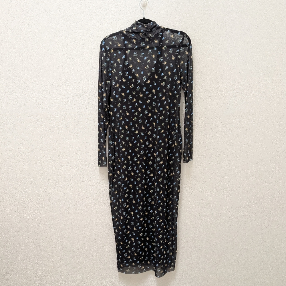 AFRM Marni Turtleneck Long Sleeve Mesh Dress - Blue and Yellow Floral
